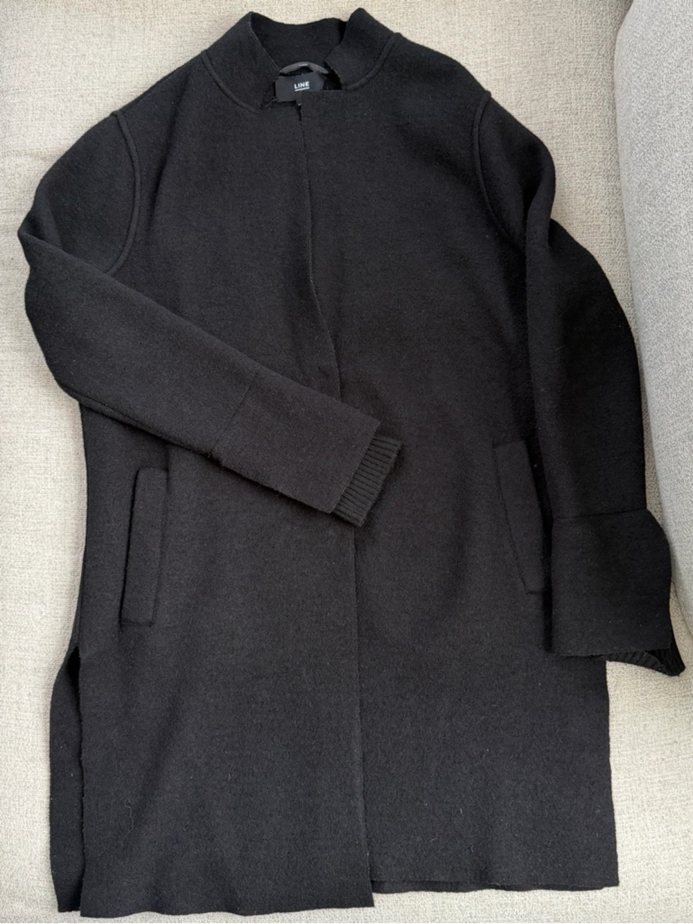 LINE Black Wool Coat 95% Wool Open Front Minimalist Longline Jacket, Large